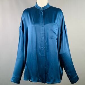 HAIDER ACKERMANN Size S Teal Silk Satin Nehru Collar Hidden Buttons Shirt